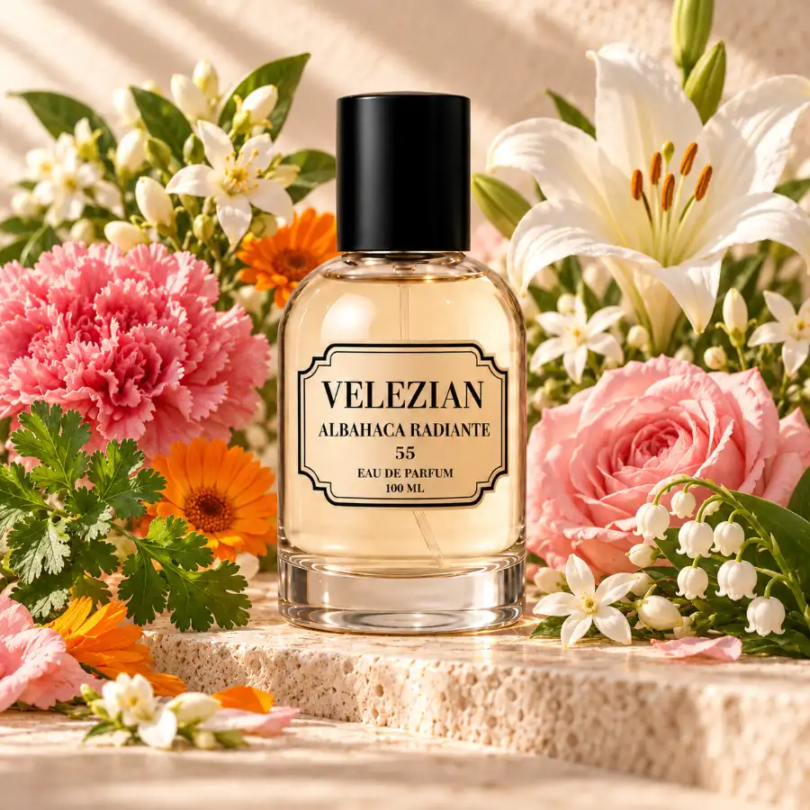 Notas de corazón de Albahaca Radiante 55: Clavel, caléndula, cilantro, azahar, azucena, jazmín, rosa de Damasco y muguete