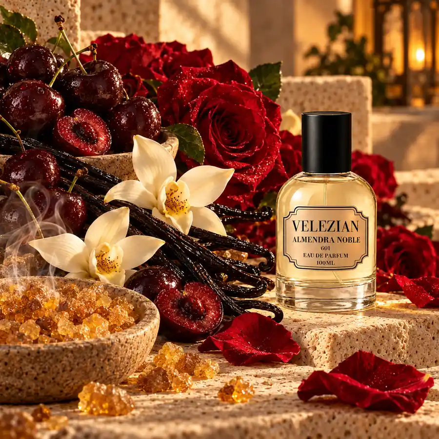 Notas de corazón de Almendra Noble - 601: Cereza, vainilla, incienso y rosa búlgara