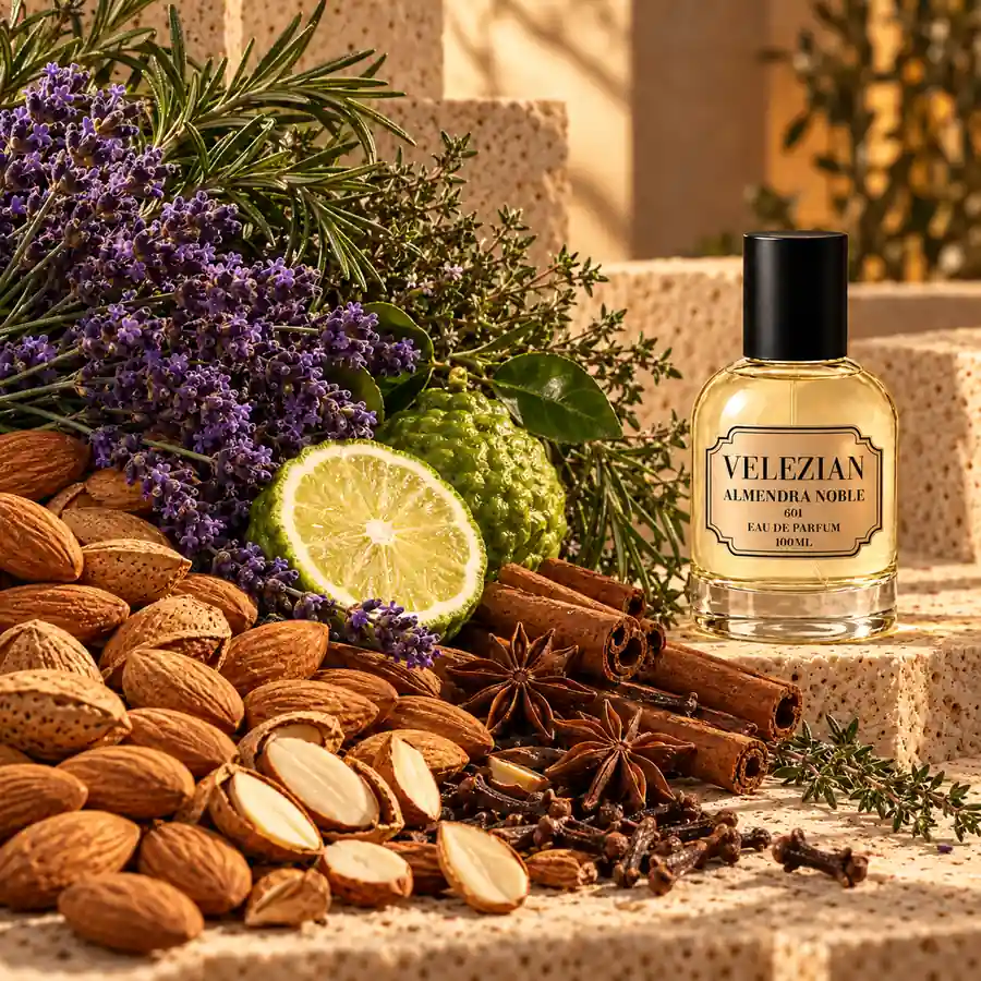 Notas de salida de Almendra Noble - 601: Almendra, especias, lavanda, bergamota, romero y tomillo