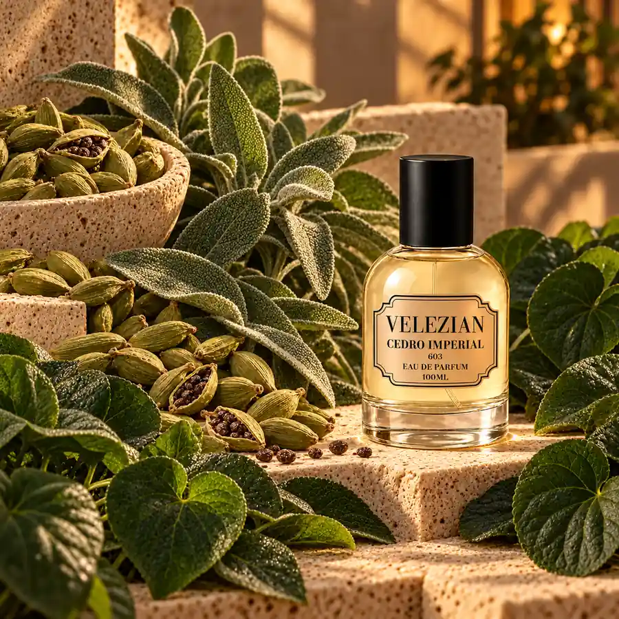 Notas de corazón de Cedro Imperial - 603: Cardamomo, salvia y hojas de violeta