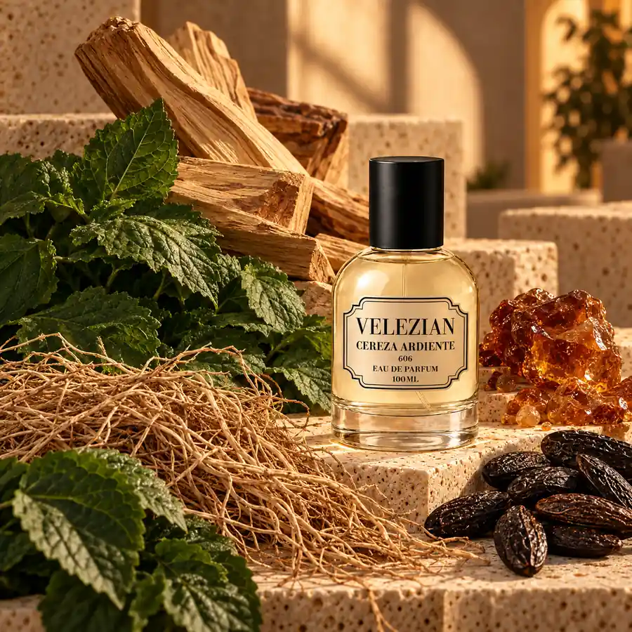Notas de fondo de Cereza Ardiente - 606: Palo santo, pachulí, vetiver, haba tonka y bálsamo del Perú