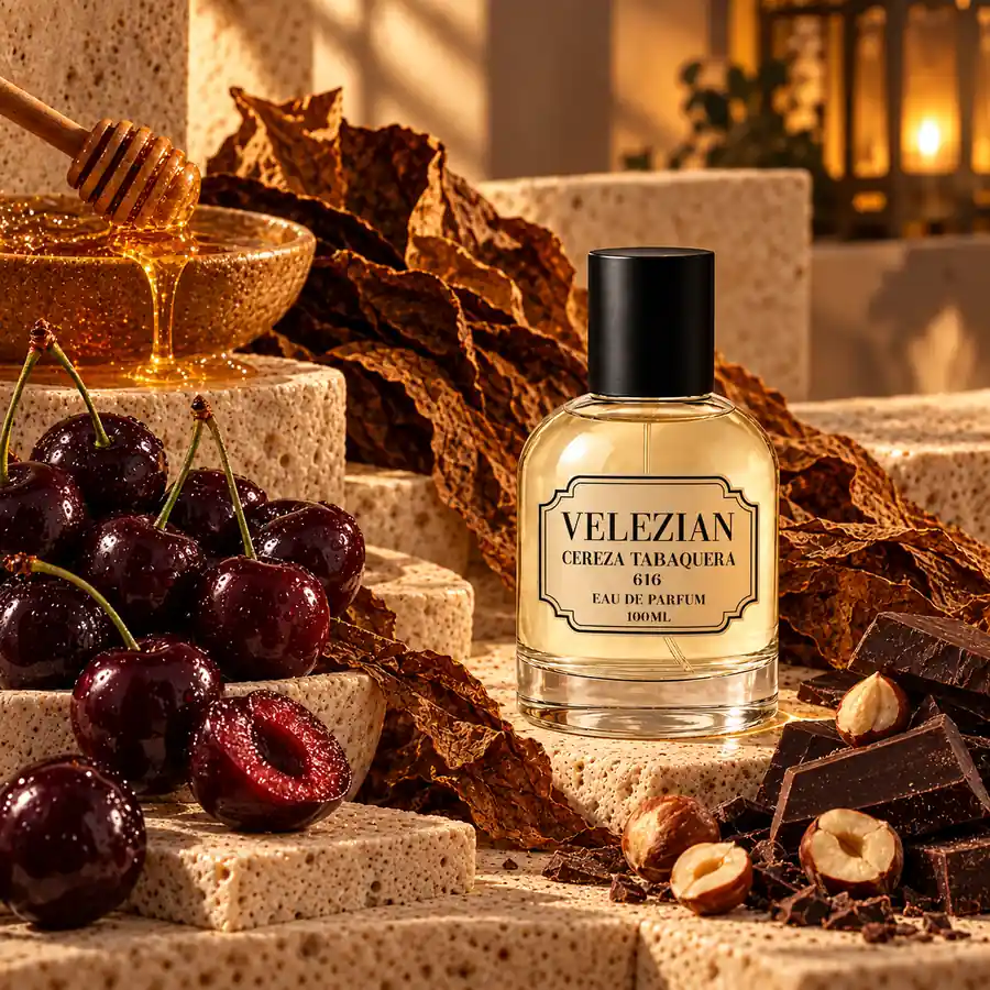 Notas de salida de Cereza Tabaquera - 616: Cereza negra, miel de Provenza, hoja de tabaco y chocolate con avellana
