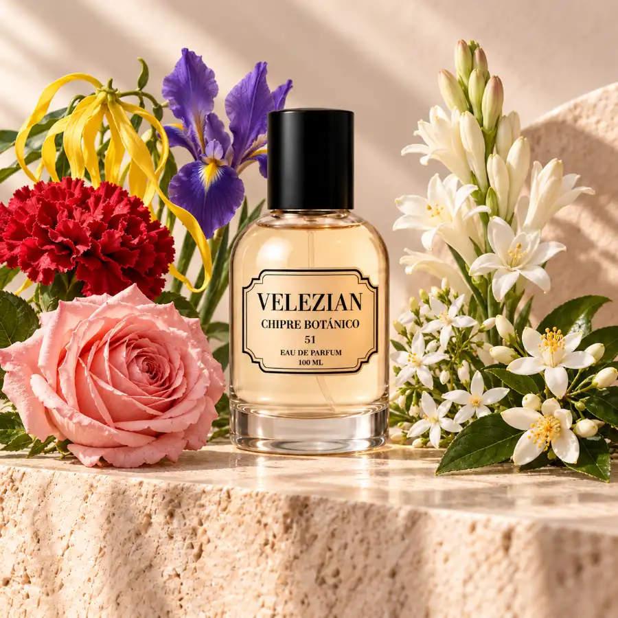 Notas de corazón de Chipre Botánico 51: Rosa, clavel, ylang-ylang, iris, jazmín, nardos y azahar