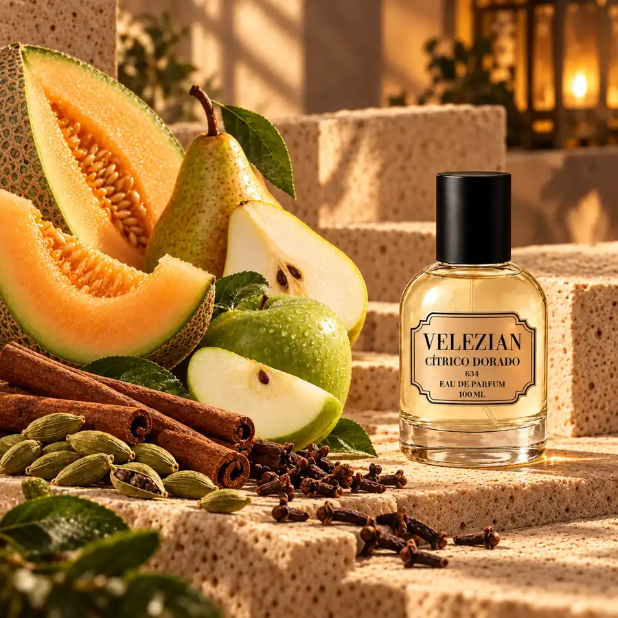 Notas de corazón de Cítrico Dorado - 634: Melón, pera, manzana verde, canela, cardamomo y clavo de olor