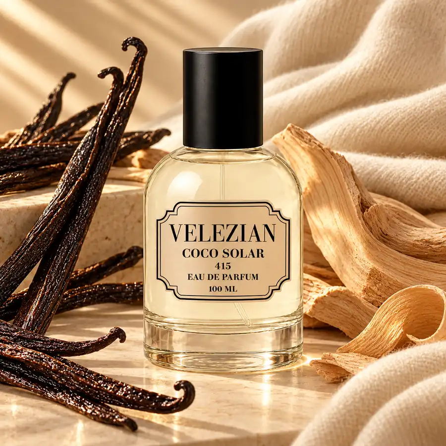 Notas de fondo de Coco Solar - 415: vainilla Bourbon y madera de cachemira