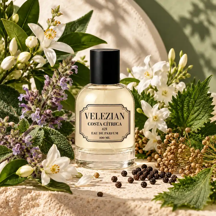 Notas de corazón de Costa Cítrica - 421: azahar, jazmín, salvia esclarea, shiso, cilantro y pimienta negra