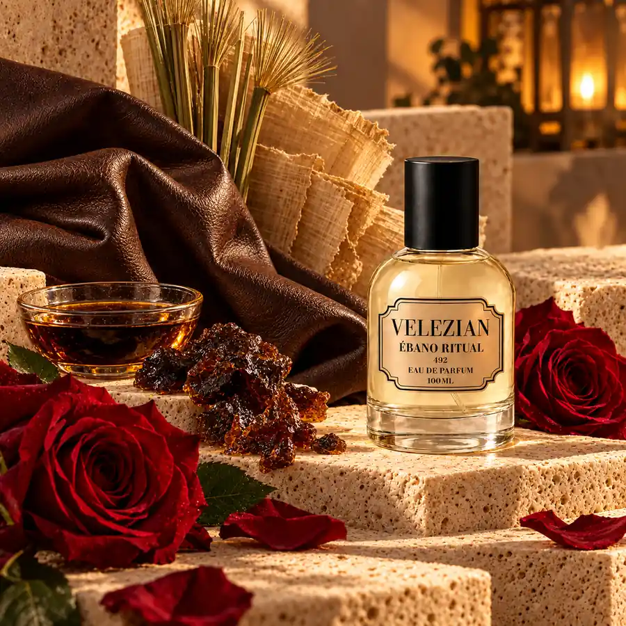 Notas de corazón de Ébano Ritual - 492: Cuero, ládano, aceite de cade, papiro de Egipto y rosa