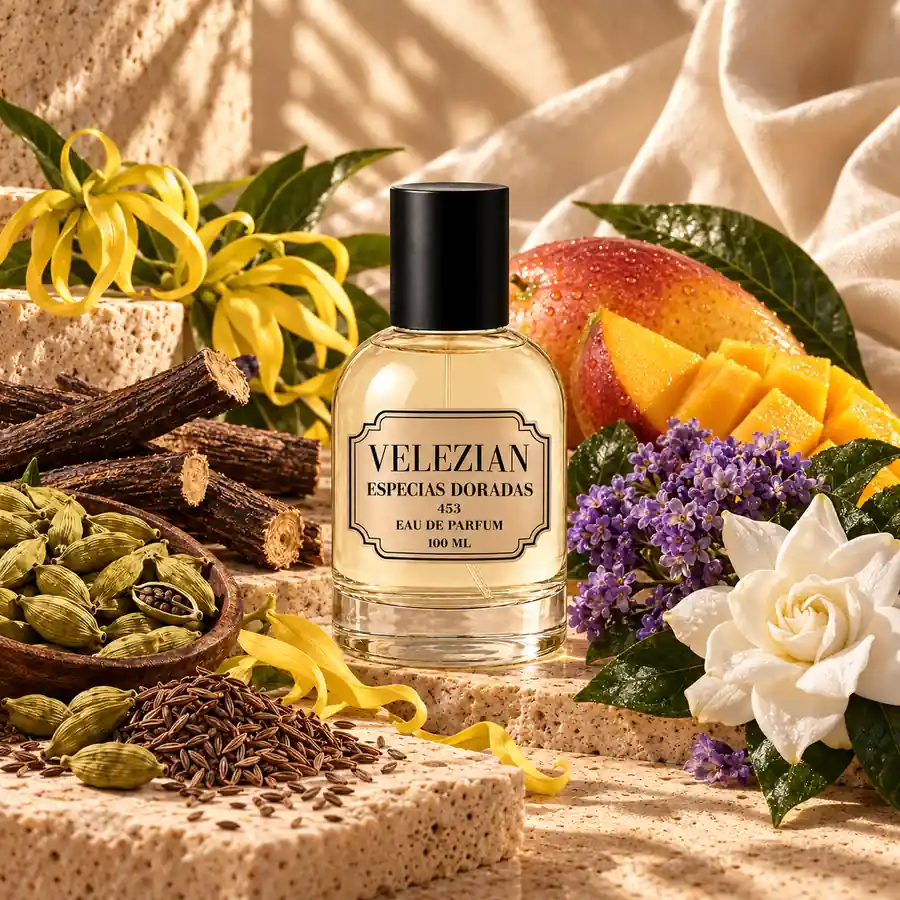 Notas de corazón de Especias Doradas 453: cardamomo, alcaravea, regaliz, mango, ylang-ylang, heliotropo y gardenia