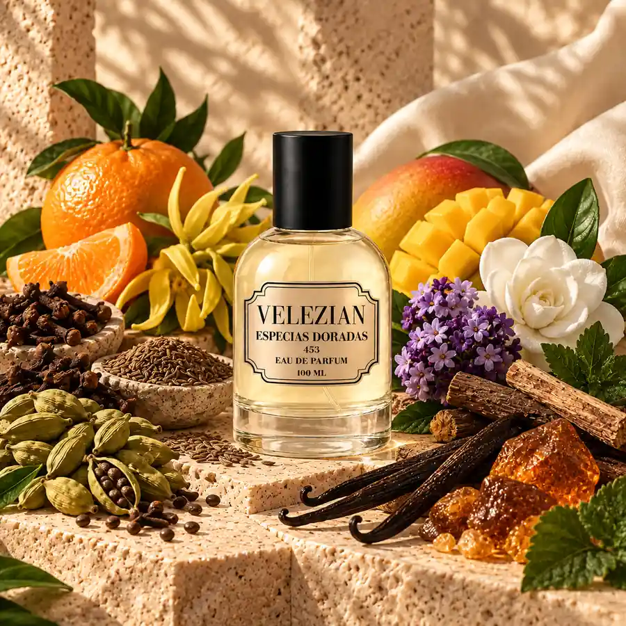 Especias Doradas 453 de Velezian con cítricos, mango, especias, flores, vainilla, ámbar y pachulí
