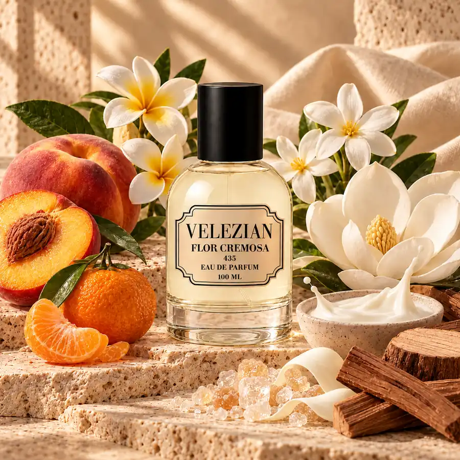 Flor Cremosa 435 de Velezian con durazno, mandarina, flores blancas, leche y maderas