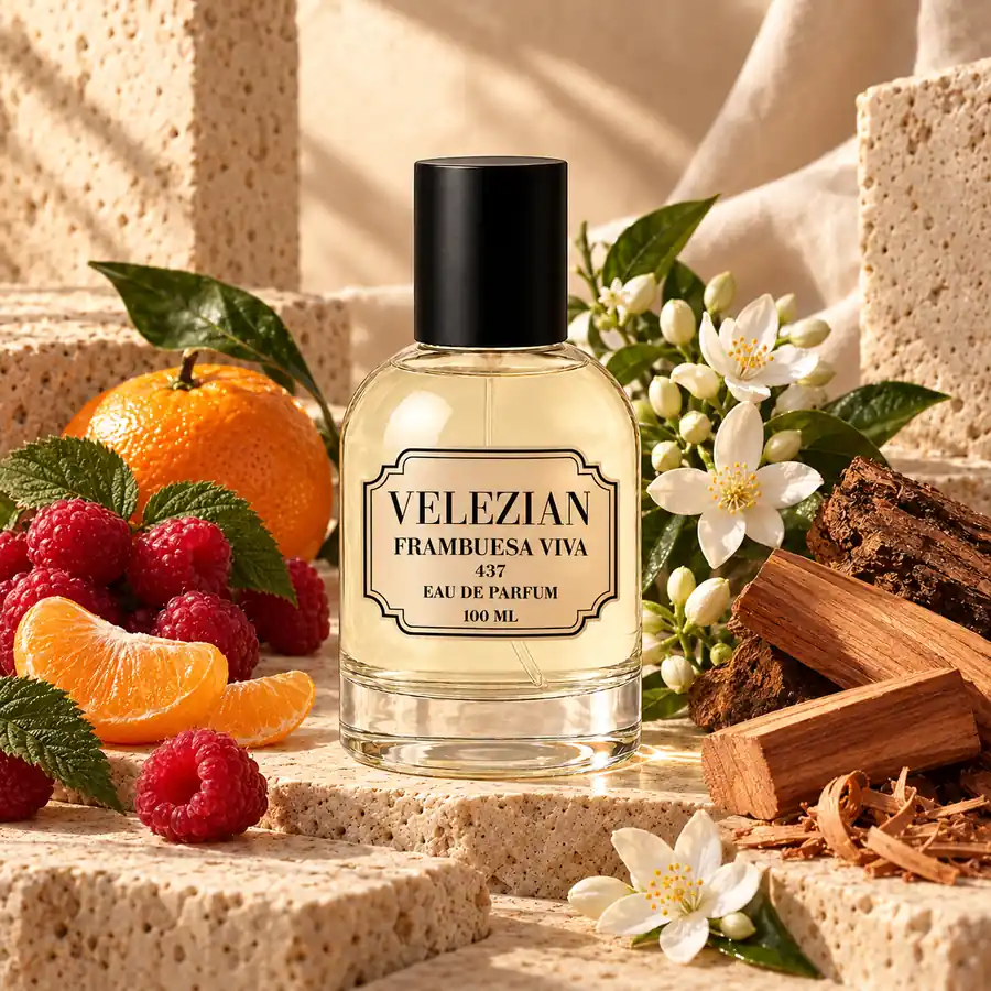 Frambuesa Viva 437 de Velezian con frambuesa, mandarina, flores blancas y maderas