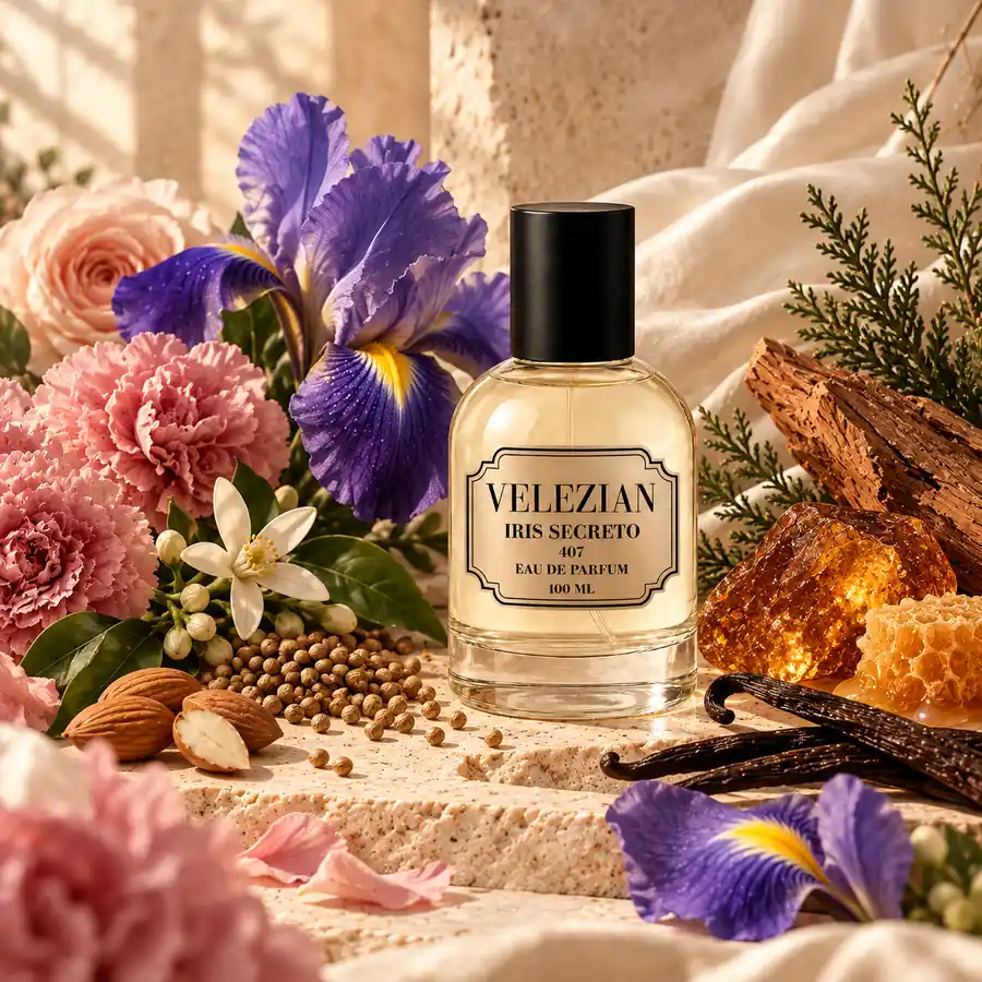 Iris Secreto - 407 de Velezian con su composición floral, ambarada y cremosa