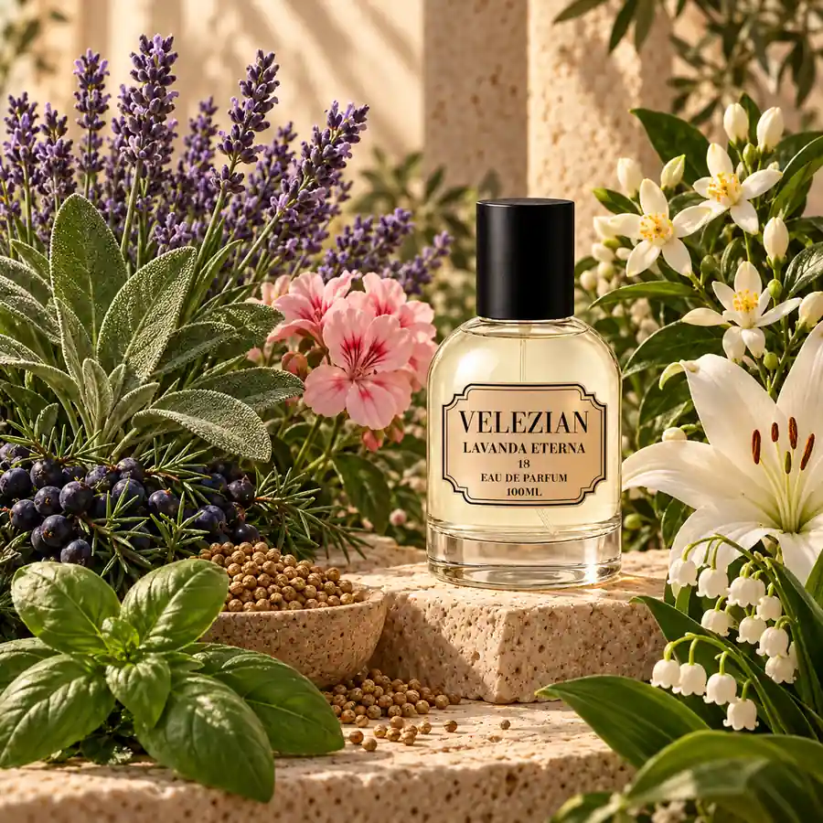 Notas de corazón de Lavanda Eterna - 18: Salvia, bayas de enebro, albahaca, geranio, cilantro, jazmín, azahar, azucena y muguete