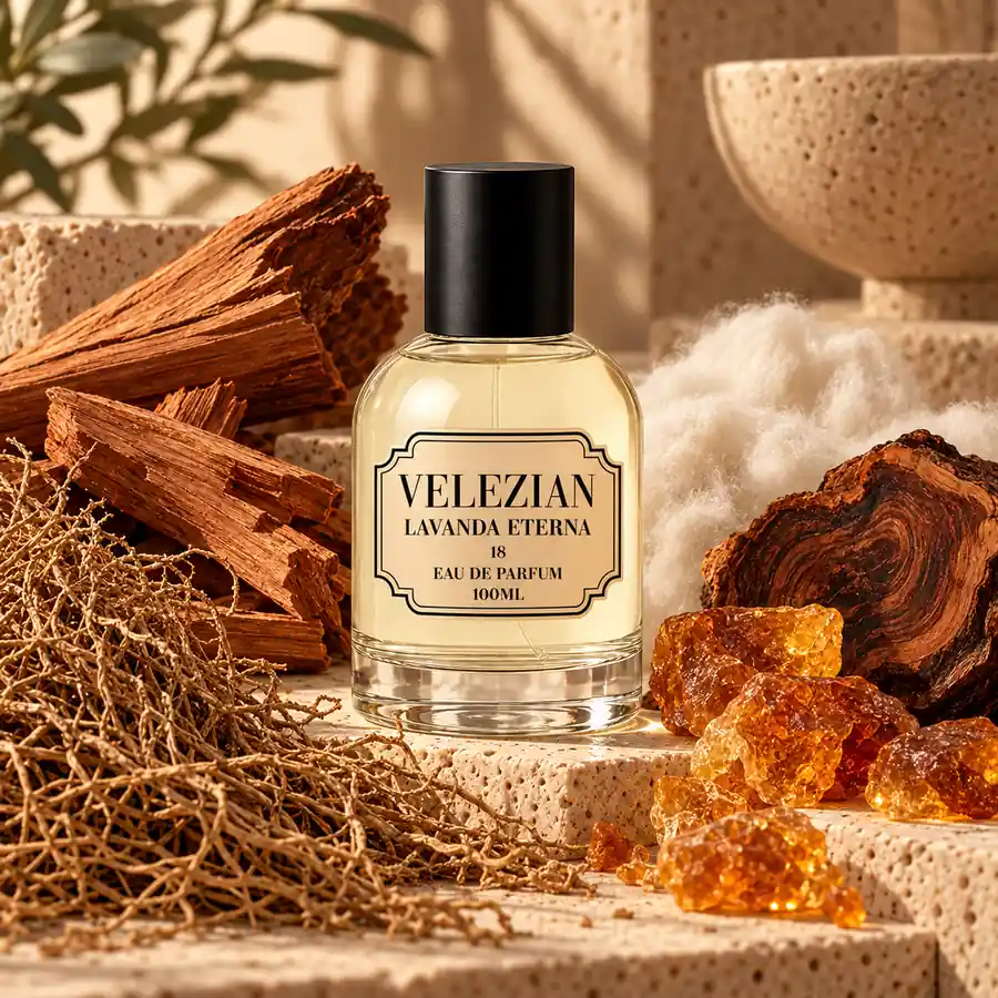 Notas de fondo de Lavanda Eterna - 18: Sándalo, vetiver, almizcle, palo de rosa de Brasil y ámbar