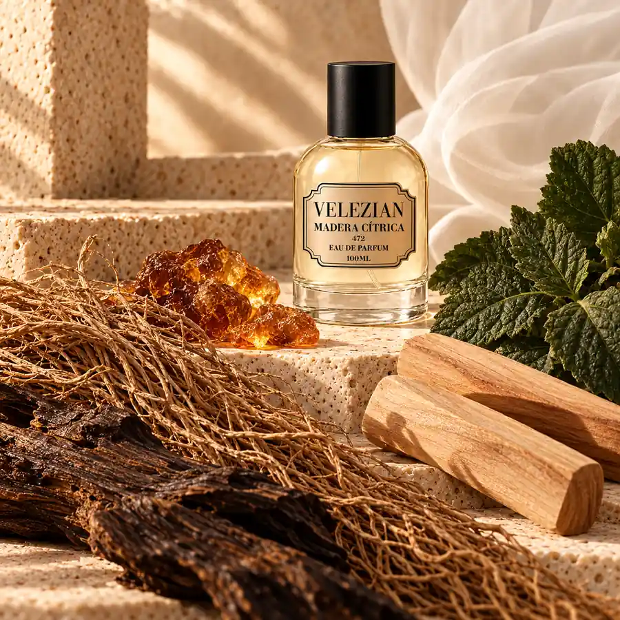 Notas de fondo de Madera Cítrica - 472: Vetiver de Haití, ámbar, sándalo, oud laosiano, pachulí de Singapur y almizcle