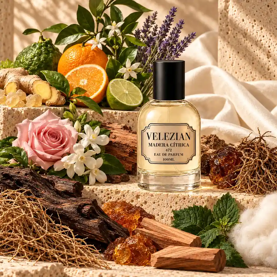 Frasco Madera Cítrica - 472 de Velezian con sus notas olfativas