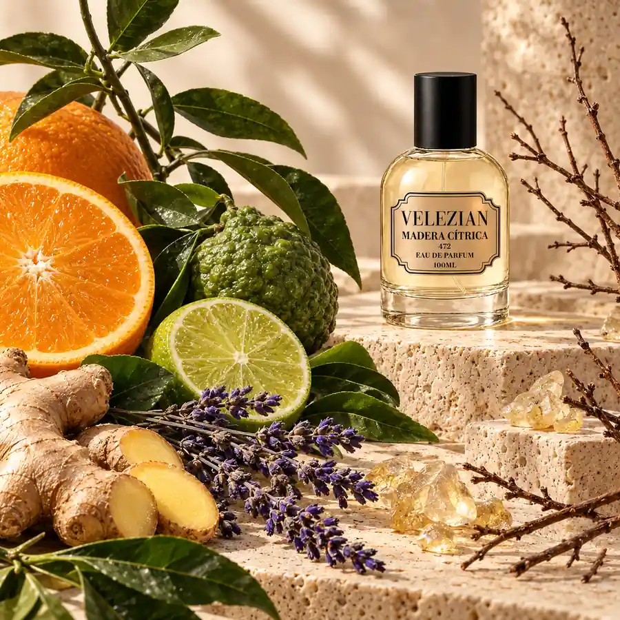 Notas de salida de Madera Cítrica - 472: Elemí, naranja brasileña, jengibre, lima ácida, petitgrain de Paraguay, lavanda y bergamota de Calabria