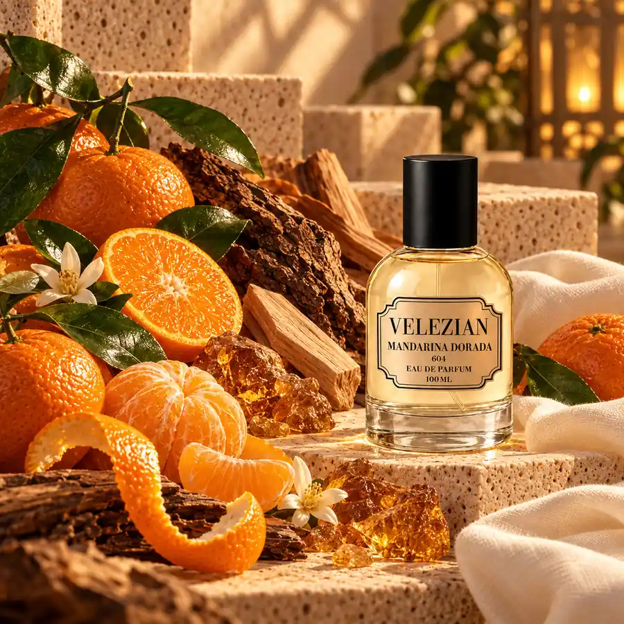 Frasco Mandarina Dorada - 604 de Velezian con sus notas olfativas