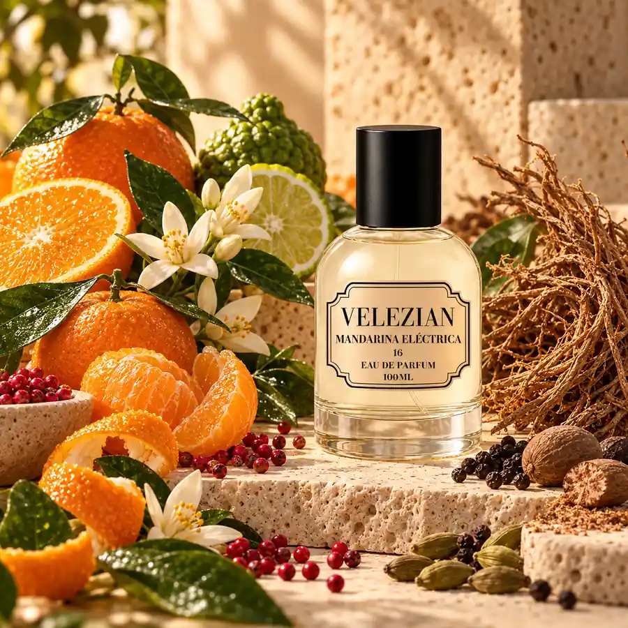 Frasco Mandarina Eléctrica - 16 de Velezian con sus notas olfativas