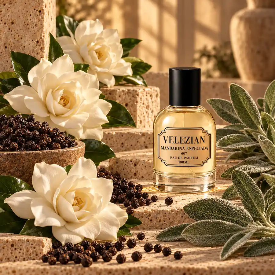 Notas de corazón de Mandarina Especiada - 607: Pimienta negra, gardenia y salvia