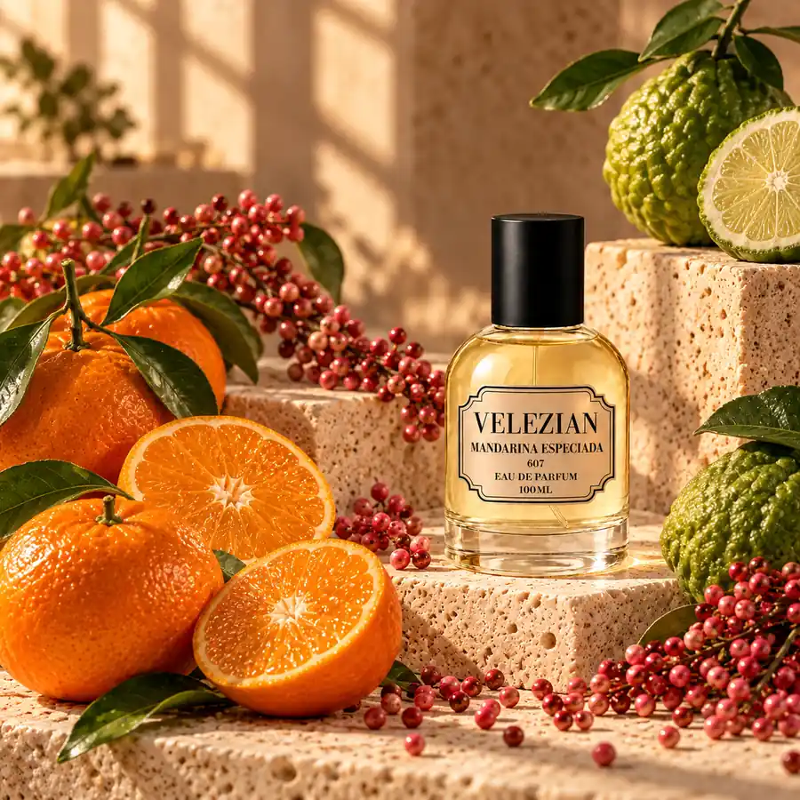 Notas de salida de Mandarina Especiada - 607: Mandarina, bergamota y pimienta rosa