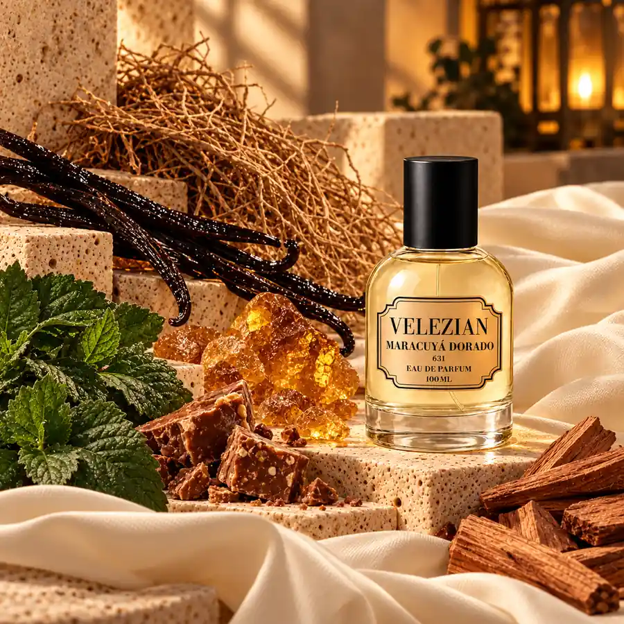 Notas de fondo de Maracuyá Dorado - 631: Vainilla, pachulí, vetiver, praliné, ámbar, almizcle y sándalo