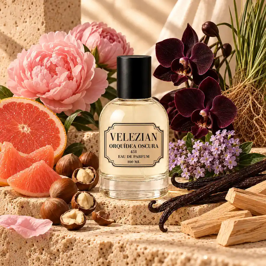 Orquídea Oscura 451 de Velezian con avellana, flores oscuras, vainilla, vetiver y sándalo