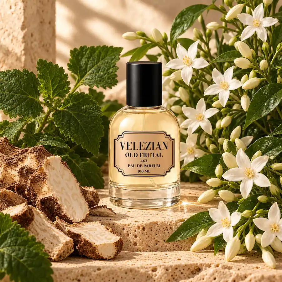 Notas de corazón de Oud Frutal - 463: Hojas de pachulí, raíz de lirio y jazmín egipcio