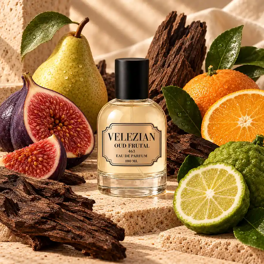 Notas de salida de Oud Frutal - 463: Madera de oud, higo, pera, naranja siciliana y bergamota de Sicilia