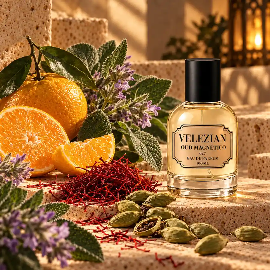 Notas de salida de Oud Magnético - 627: Mandarina amarilla, salvia esclarea, azafrán y cardamomo