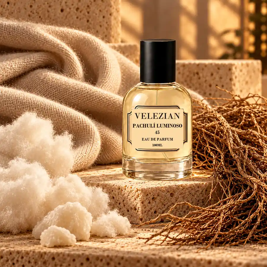 Notas de fondo de Pachulí Luminoso - 45: Pachulí, vainilla, vetiver, opopónaco, haba tonka y almizcle blanco