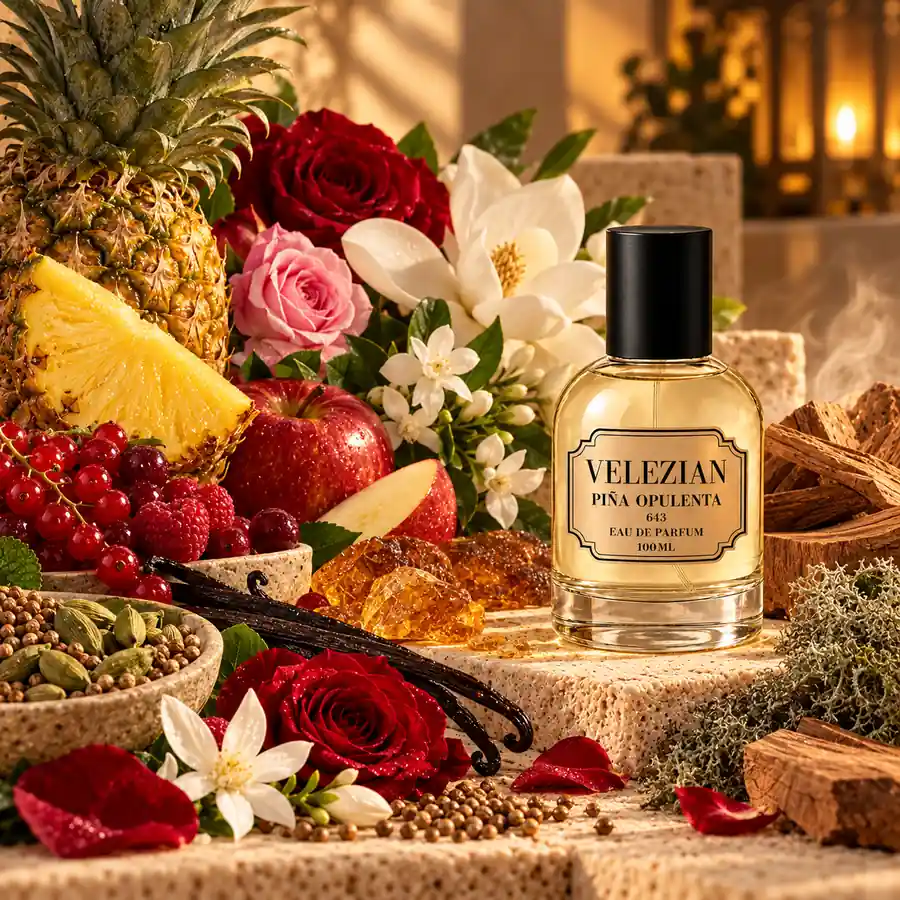 Frasco Piña Opulenta - 643 de Velezian con sus notas olfativas