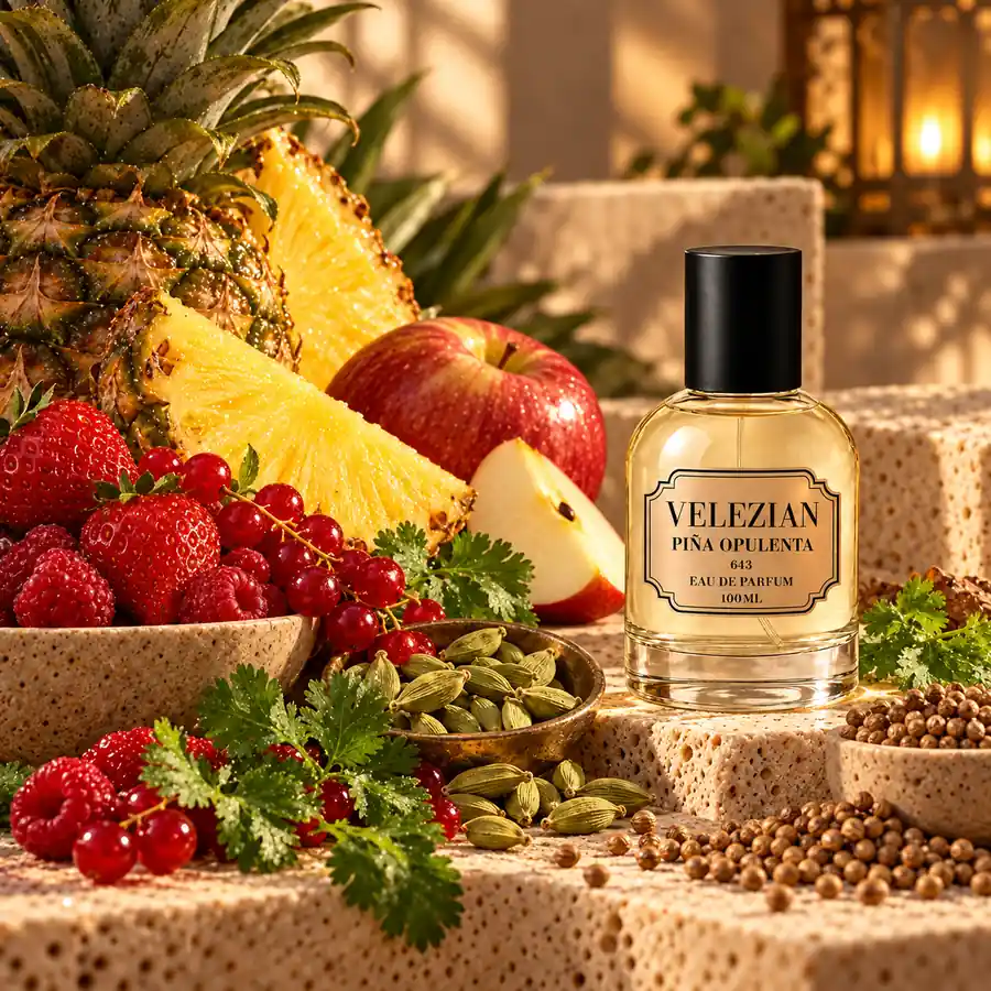 Notas de salida de Piña Opulenta - 643: Piña, bayas rojas, manzana, cardamomo y cilantro