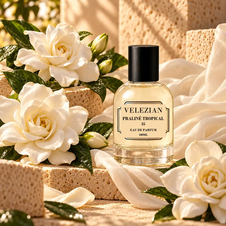 Notas de corazón de Praliné Tropical - 35: Praliné, canela, azahar, jazmín y tintura de rosas