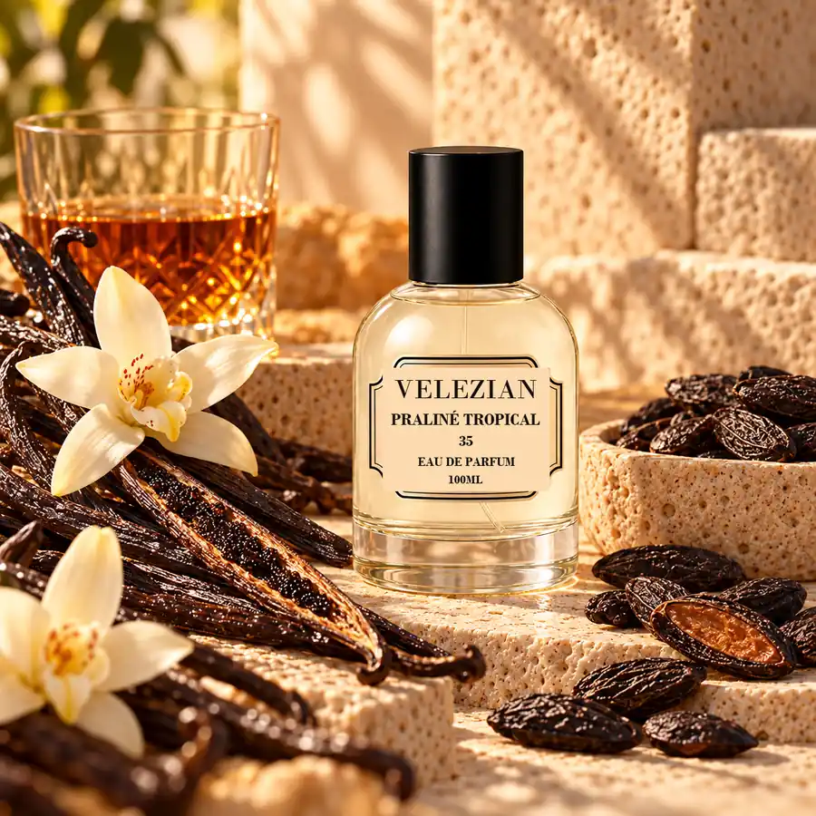 Notas de fondo de Praliné Tropical - 35: Gamuza, pachulí, madera de cachemira, sándalo, almizcle, cedro de Virginia y ámbar