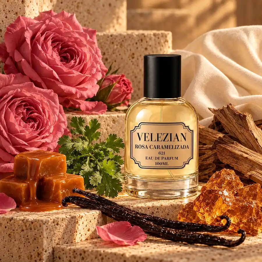 Frasco Rosa Caramelizada - 621 de Velezian con sus notas olfativas