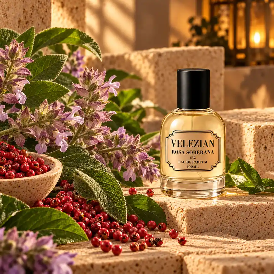 Notas de salida de Rosa Soberana - 632: Salvia esclarea, pimienta rosa y acordes verdes