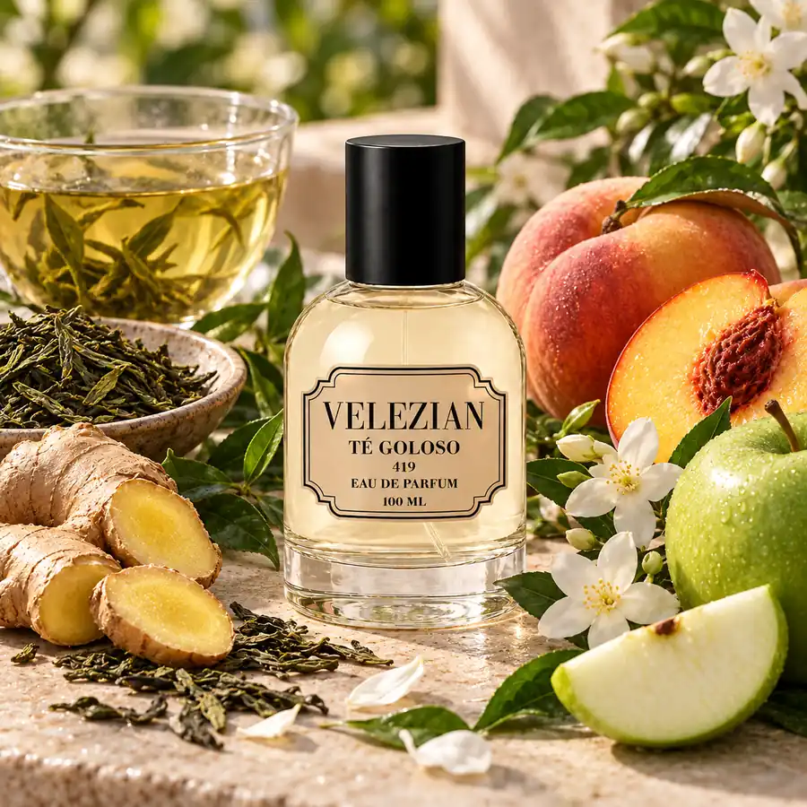 Notas de corazón de Té Goloso - 419: té verde, jengibre, melocotón, jazmín y manzana