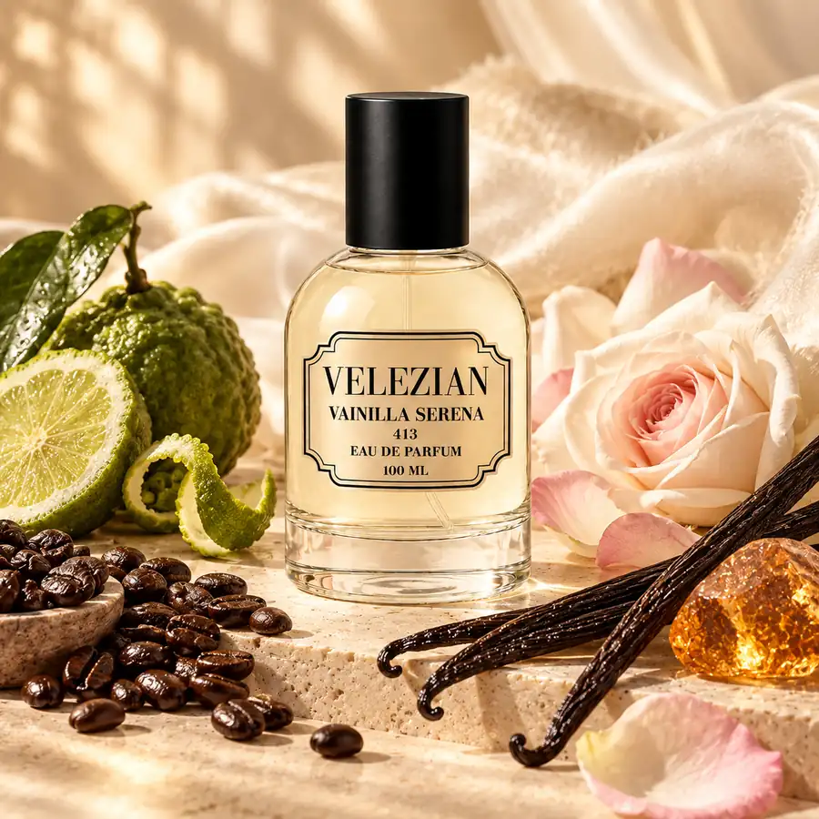 Vainilla Serena - 413 de Velezian con su composición gourmand, floral y ambarada