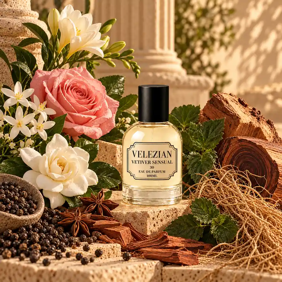 Notas de corazón de Vetiver Sensual - 30: Pimienta negra, cedro, pachulí, vetiver, rosa, palo de rosa de Brasil, jazmín, gardenia, anís y fresia