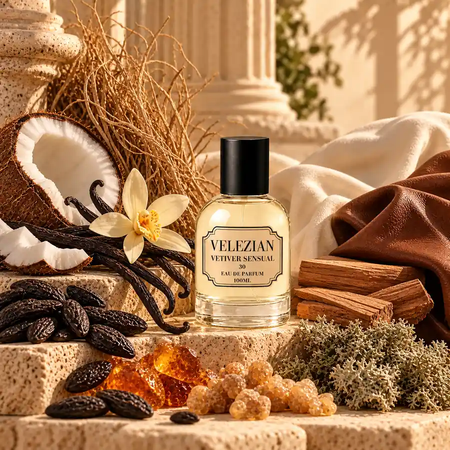 Notas de fondo de Vetiver Sensual - 30: Vainilla, haba tonka, coco, sándalo, ámbar, benjuí, almizcle, cuero y musgo de roble