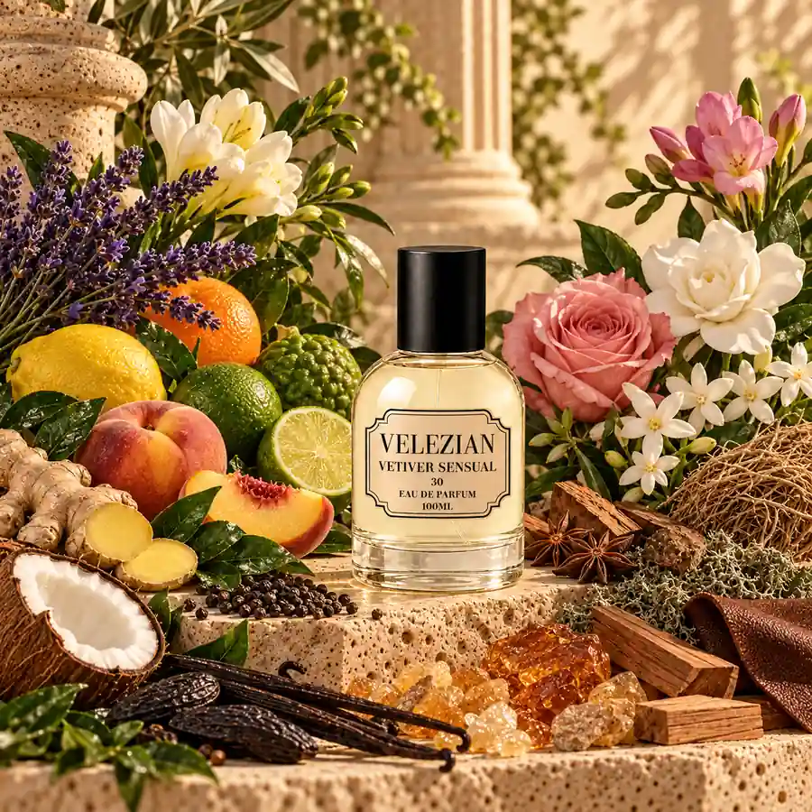 Frasco Vetiver Sensual - 30 de Velezian con sus notas olfativas
