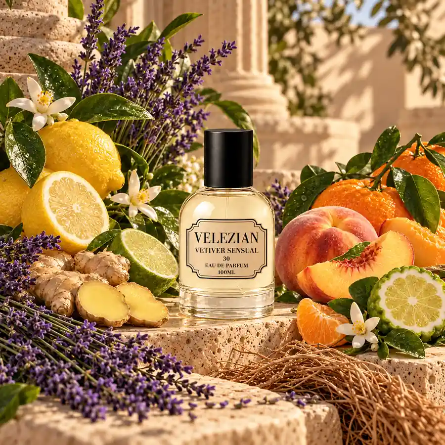 Notas de salida de Vetiver Sensual - 30: Limón, lima ácida, melocotón, mandarina, jengibre, lavanda y bergamota