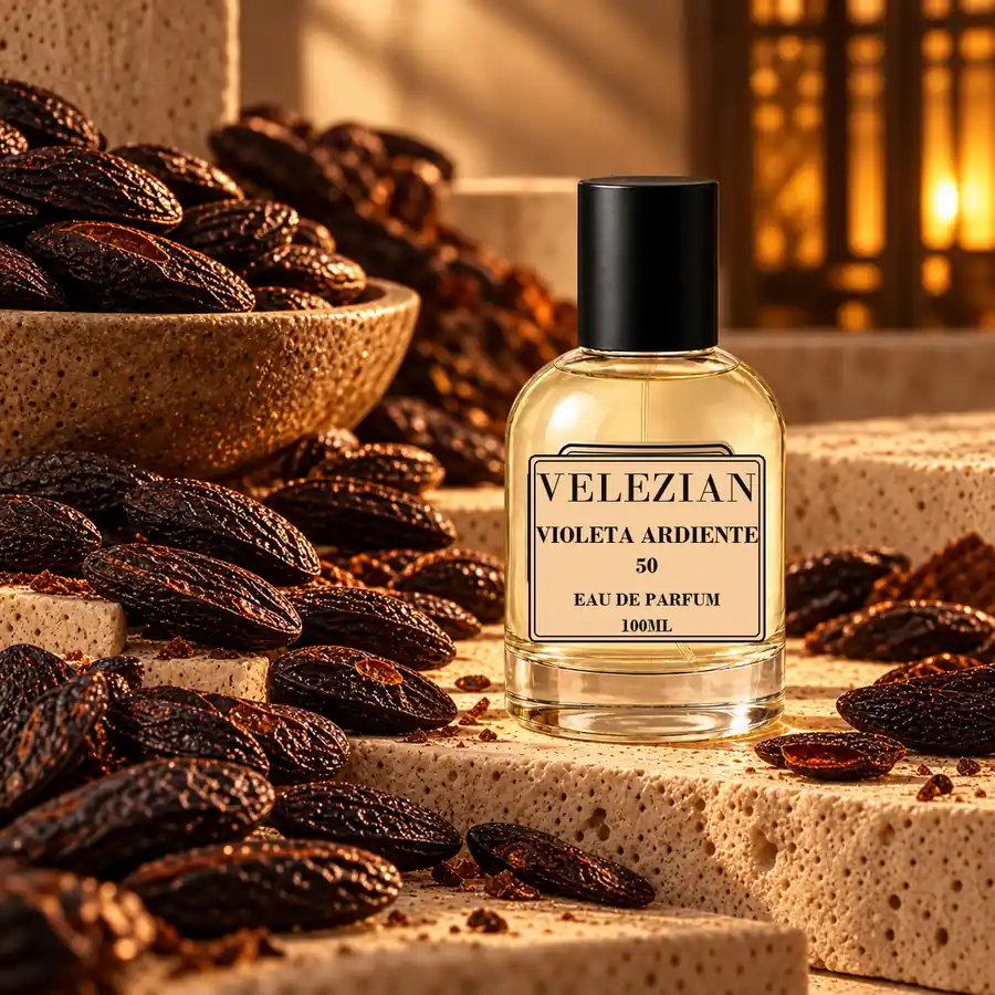 Notas de fondo de Violeta Ardiente - 50: Cuero, vetiver, almizcle, ámbar, pachulí y haba tonka