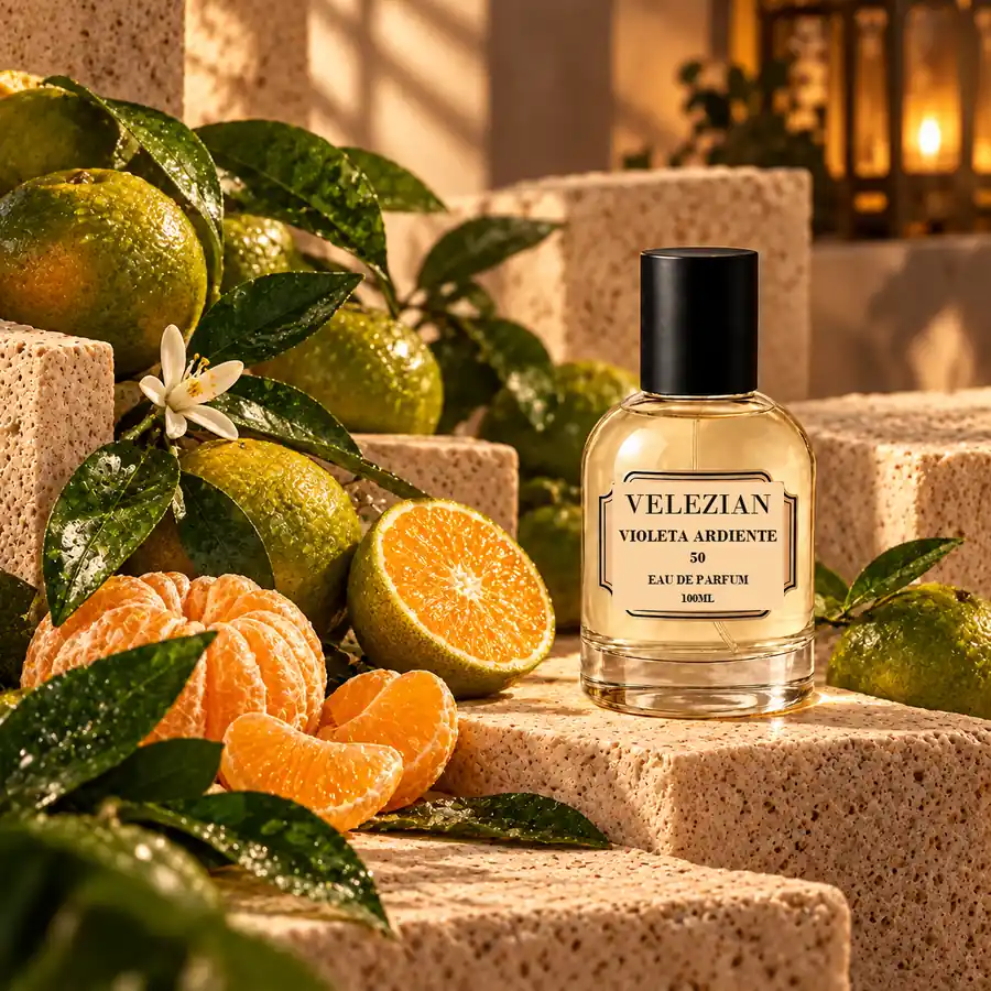 Notas de salida de Violeta Ardiente - 50: Flor del moscadero, lavanda, cedro, manzanilla, mandarina, espino, bergamota y limón