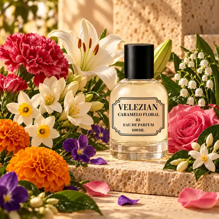 Notas de corazón de Caramelo Floral - 83: hojas verdes, albahaca, flor de almendro, iris, fresia, heliotropo, jazmín, magnolia, alcaravea, rosa y lirio de los valles