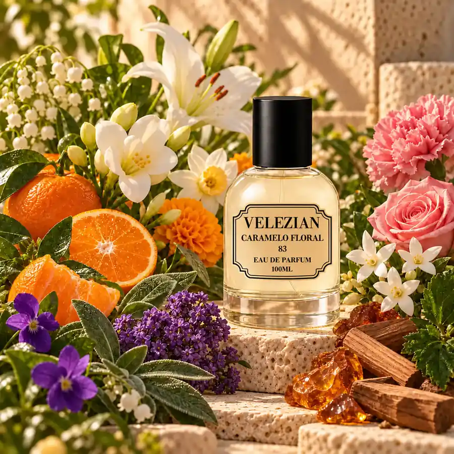 Frasco Caramelo Floral - 83 de Velezian con sus notas olfativas