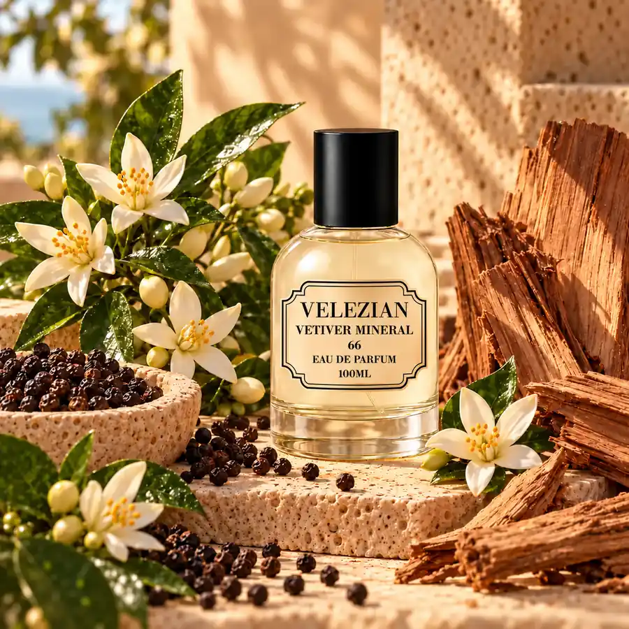 Notas de corazón de Vetiver Mineral - 66: pimienta negra, pelargonio, sílex